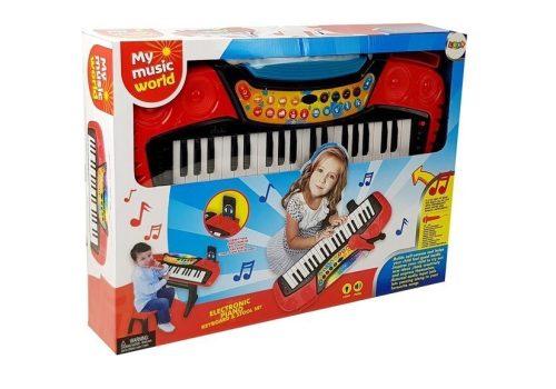 Gyerek billentyűzet szett mikrofonnal és székkel – piros