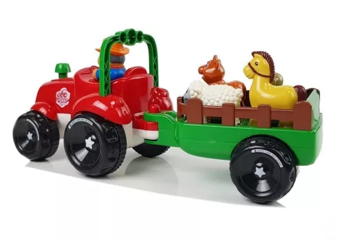 Traktor utánfutóval, állatok bébijátékhoz, elemek, fények, hang