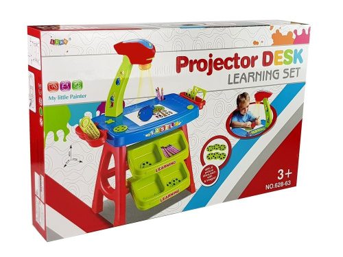 Oktatási fiókos asztal projektorral 36 kép Ceruzák sablonok kék és piros
