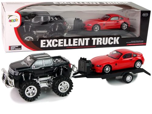 Járműszett Fekete Monster Truck Fehér Lakókocsi 58 cm