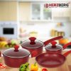 Herzberg HG-04715RED: márvány bevonatú öntöttvas főzőedény készlet - piros