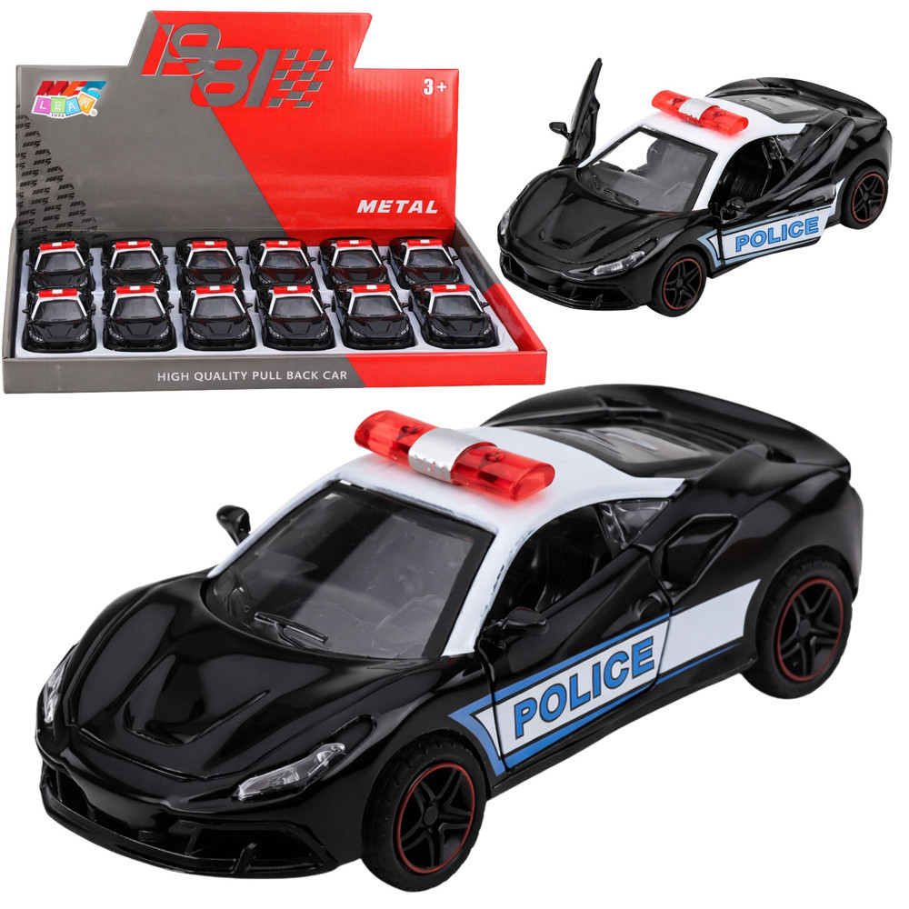 Sportautó Rendőrautó Motoros Fém Meghúzós Fekete 1:43